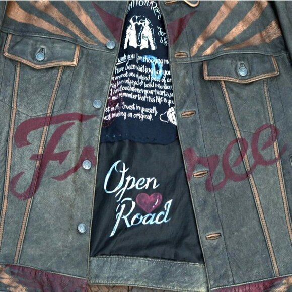Vintage smoke gray distressed leather bomber jacket rivet closures hand painted - Picture 4 of 13